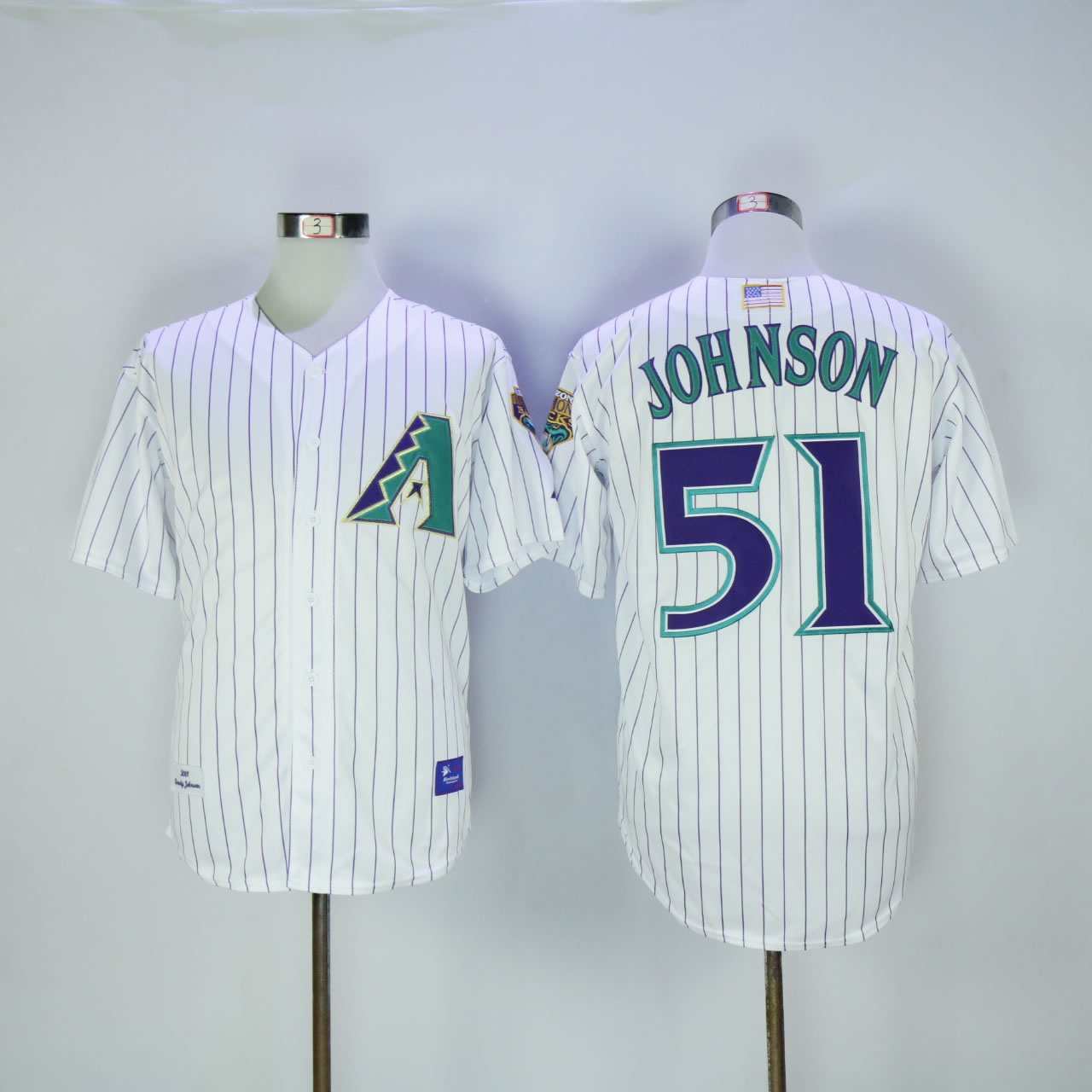 Men Arizona Diamondback 51 Johnson White Stripe Throwback 2001 MLB Jerseys